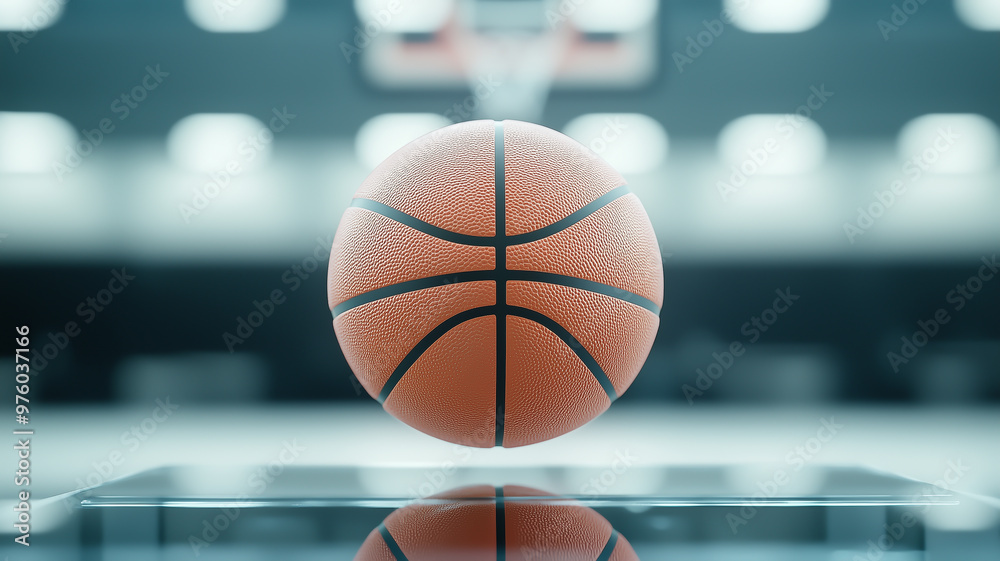 A basketball hovering above a glass table with reflections, subtle lighting, soft focus A basketball hovering above a glass table with reflections, subtle lighting, soft focus