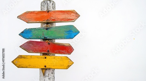 Wooden post with vibrant directional signs against a white background, symbolizing choices, directions, and decision-making.