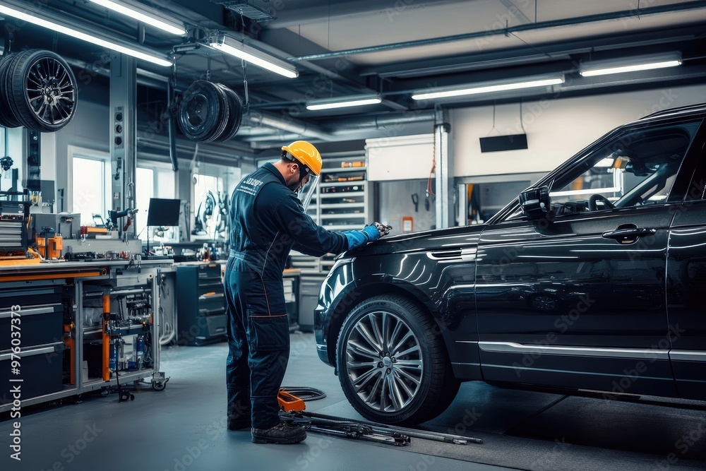 Fototapeta premium A mechanic in a protective helmet and gloves carefully inspects a vehicle inside a modern, well-equipped auto repair shop filled with tools and equipment.