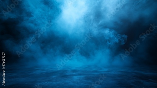 Abstract background of blue color with dark gradient, smoky and smoke on the floor