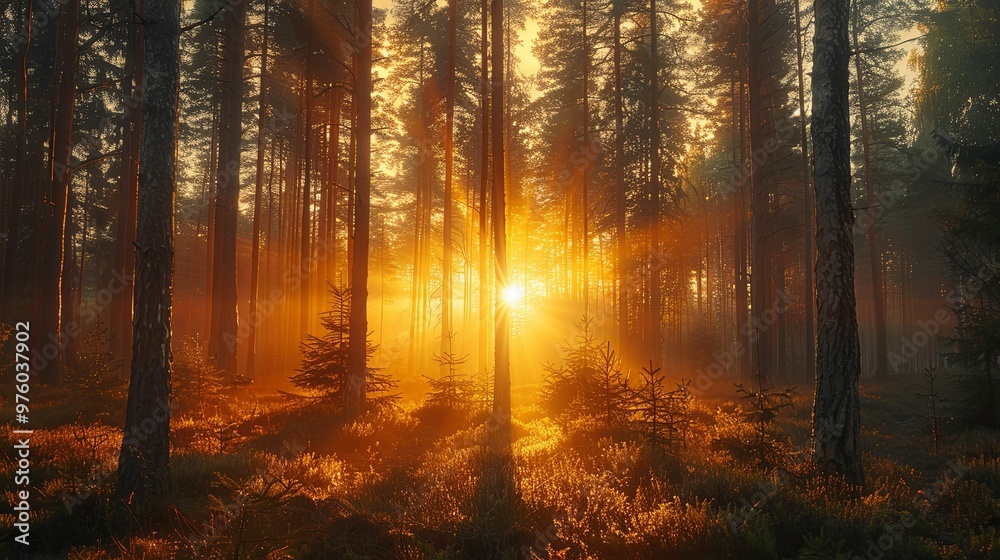 Golden Sunrise Through a Dense Pine Forest Golden Sunrise Through a Dense Pine Forest