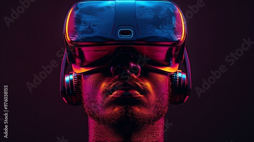 VR headset, technology. 3d render of the man, wearing virtual reality glasses on black background. VR games. You will also find a EPS 10 for this image in my portfolio. Thanks for watching photo