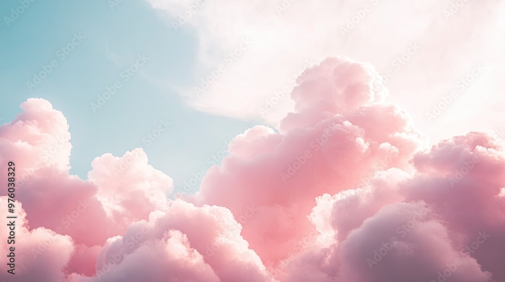 Soft pink clouds against a pastel blue sky, with a faint glow of sunlight shining through. Soft pink clouds against a pastel blue sky, with a faint glow of sunlight shining through.