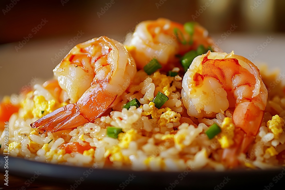 Close up of fried rice dish topped with delicious shrimp and green onions Close up of fried rice dish topped with delicious shrimp and green onions