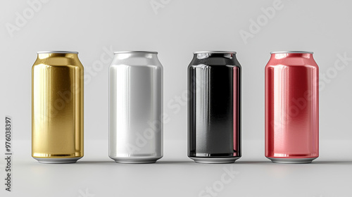 Four aluminum cans in gold, silver, black, and red.