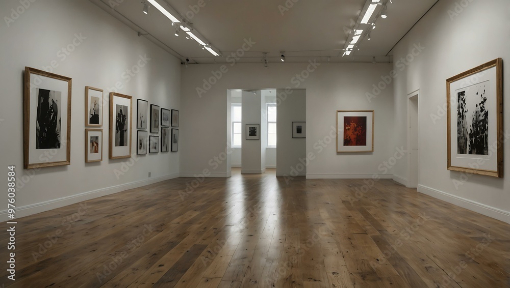 Bright gallery space with natural light and blank frames. Bright gallery space with natural light and blank frames.