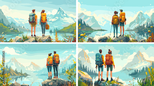 Trekking travelers cartoon vector scenes. Couple male female peaks backpack rear view pair lake observing pond gazing jointly hiking team outdoor characters eco adventure illustrations