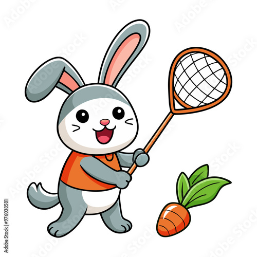 Download Cute Rabbit Catching Carrot With Fishing Net Cartoon Vector Icon Illustration. Eps File For Design.