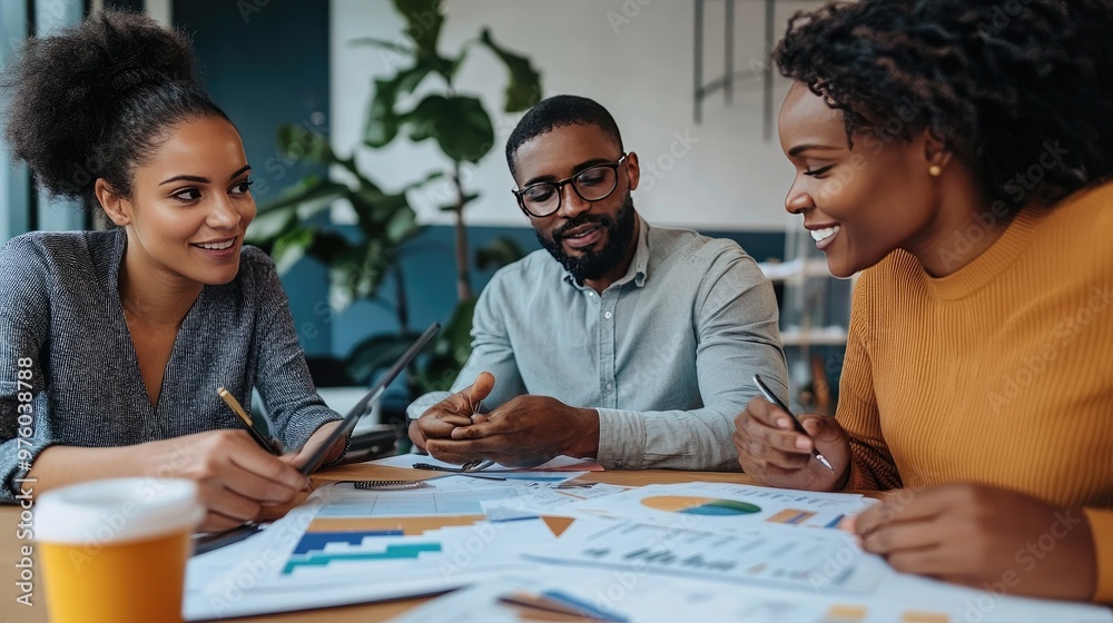 Two professionals engaged in a discussion about financial data and reports, collaborating in a modern office setting with charts on the table. Two professionals engaged in a discussion about financial data and reports, collaborating in a modern office setting with charts on the table.