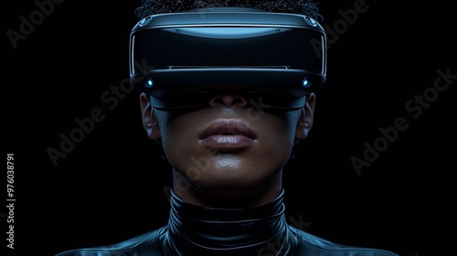 VR headset, technology. 3d render of the man, wearing virtual reality glasses on black background. VR games. You will also find a EPS 10 for this image in my portfolio. Thanks for watching photo