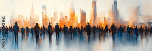 Abstract painting of a crowd in a cityscape with a vertical composition on a white background with blurred edges and warm colors