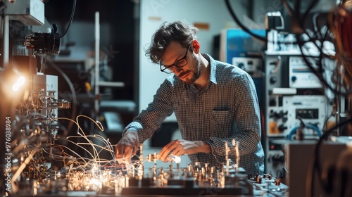 A scientist in glasses intensely observes an experiment in a high-tech laboratory, surrounded by advanced scientific equipment and blue lighting.