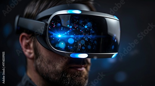 VR headset, technology. 3d render of the man, wearing virtual reality glasses on black background. VR games. You will also find a EPS 10 for this image in my portfolio. Thanks for watching photo