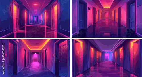 Twilight dark corridor cartoon vector settings. Doors empty passage purple dusk danger lighting creepy tunnel scary office hotel hallway interior concepts