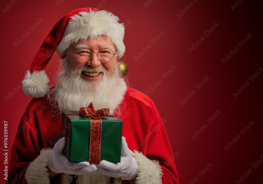 Happy friendly Santa Claus smiling and holding a green Christmas present on red background with copy space Happy friendly Santa Claus smiling and holding a green Christmas present on red background with copy space