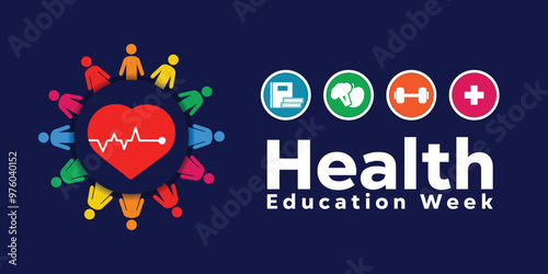 National Health Education Week. Heart, people, books, and more. Great for cards, banners, posters, social media and more. Dark blue background.