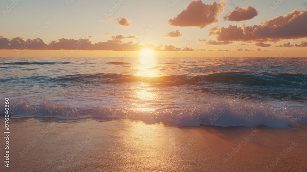 Golden Sunrise Over Calm Beach with Gentle Waves Golden Sunrise Over Calm Beach with Gentle Waves