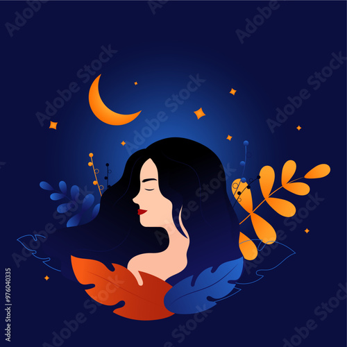 Beautiful woman having self healing mental satisfaction positive thinking with nature flat vector
