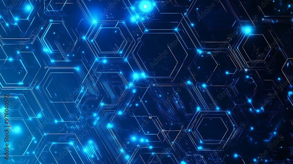 High-tech background with a blue gradient and intricate hexagonal circuit patterns, featuring circular highlights for a futuristic look High-tech background with a blue gradient and intricate hexagonal circuit patterns, featuring circular highlights for a futuristic look