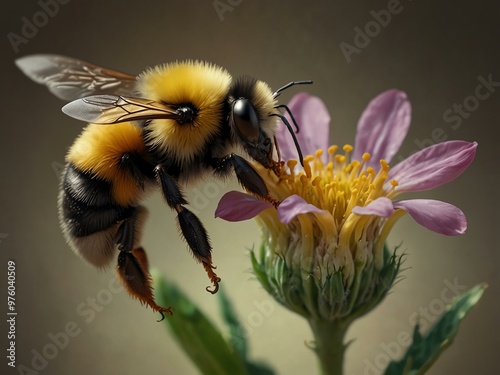 Bumblebee pollinating a flower in hyperrealistic detail.