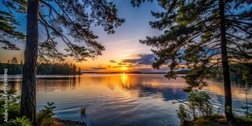Sunset view on a lake framed by silhouetted trees at Chippewa campground in Quetico Provincial Park, Atikokan, Ontario, Canada photo