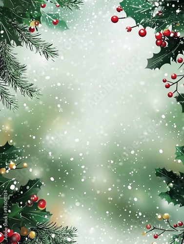 Christmas background with spruce branches, Padubus sharpleaf and falling snow on green background. Brightly colored design of Christmas and New Year frame. photo