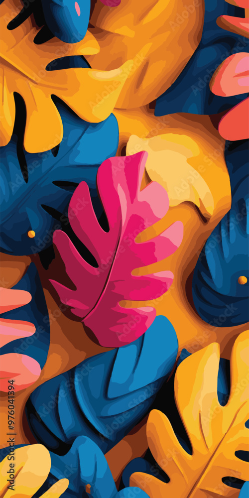 Obraz premium Captivating arrangement of colorful tropical leaves featuring rich blues, pinks, and yellows vibrant artwork is perfect for adding tropical flair to any space