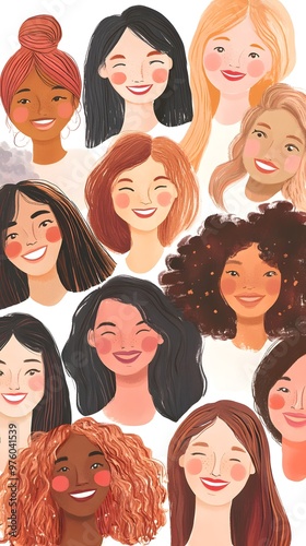 A group of women from diverse ethnicities are smiling, showcasing diversity and the beauty in different skin tones