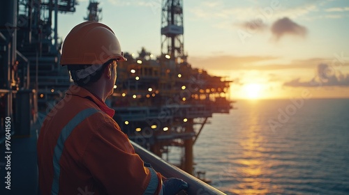 An engineer in protective gear stands on an offshore oil rig at sunset, with the ocean and industrial machinery illuminated by the warm glow of the setting sun.