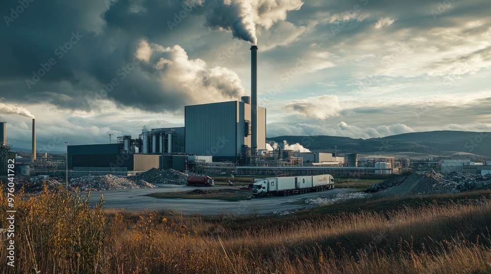 A large waste management facility with smokestacks and trucks in the foreground. The industrial scene features emissions, piles of waste, and a cloudy sky. A large waste management facility with smokestacks and trucks in the foreground. The industrial scene features emissions, piles of waste, and a cloudy sky.