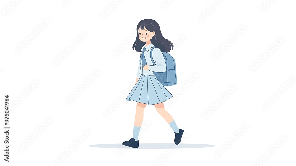 Happy Schoolgirl in Hand-drawn Light Blue Uniform Ready for First Day of School - Full Body Portrait Illustration on White Background Happy Schoolgirl in Hand-drawn Light Blue Uniform Ready for First Day of School - Full Body Portrait Illustration on White Background