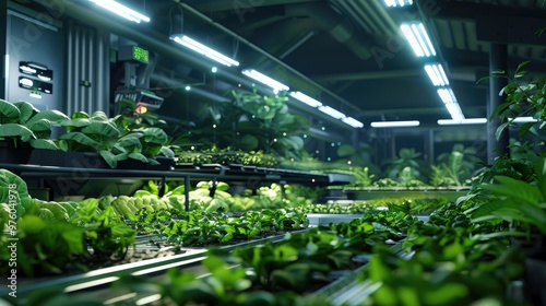 An advanced indoor agricultural facility with plants growing under bright artificial lights. The setup showcases innovative farming technology for sustainable food production.