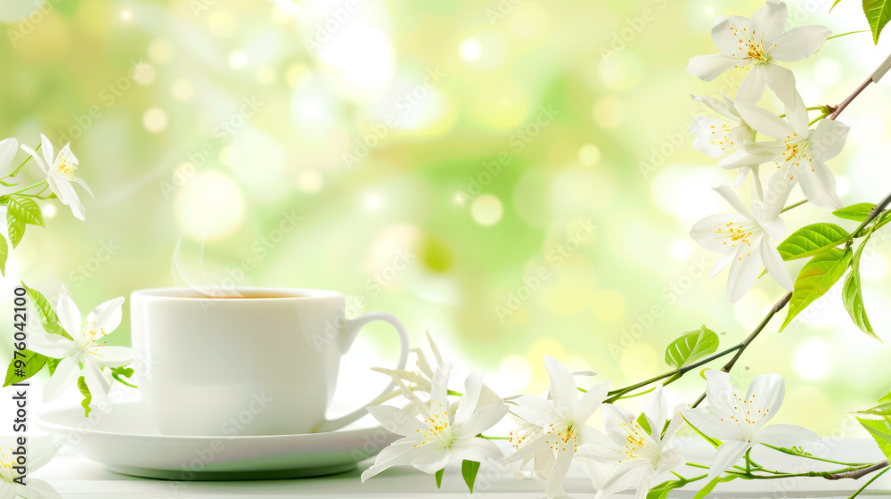 Tranquil morning with blossoms and steaming jasmine tea against soft green bokeh Tranquil morning with blossoms and steaming jasmine tea against soft green bokeh
