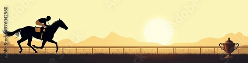 Silhouette of horse rider on pastel beige racetrack. Horseman racing to the cup. Melbourne Cup concept. Handicap sports competitions. Vintage sepia postcard style. Design for banner with copy space. photo