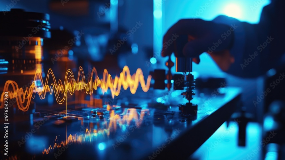 An engineer fine-tunes advanced machinery in a lab setting, with glowing digital waveforms and futuristic technology, focusing on precision adjustments. An engineer fine-tunes advanced machinery in a lab setting, with glowing digital waveforms and futuristic technology, focusing on precision adjustments.