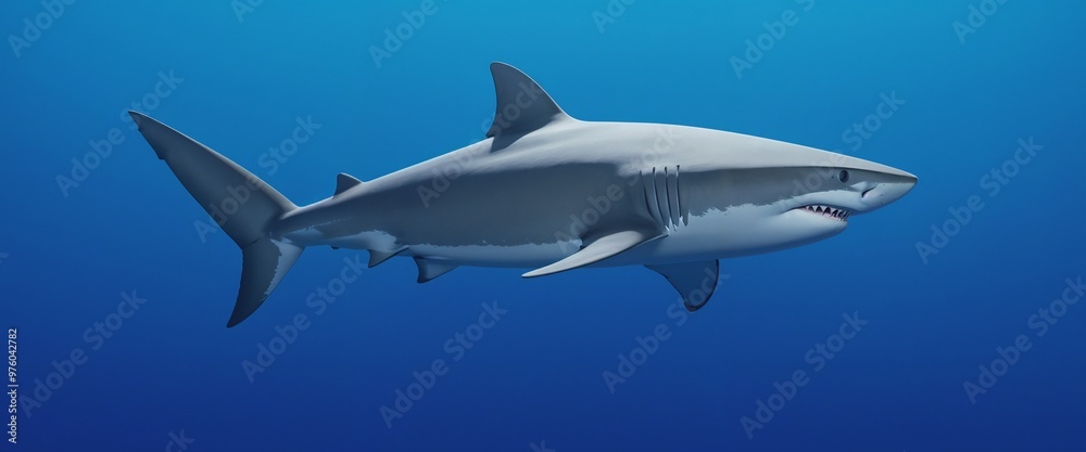 Great white shark swimming calmly in the deep blue ocean Great white shark swimming calmly in the deep blue ocean