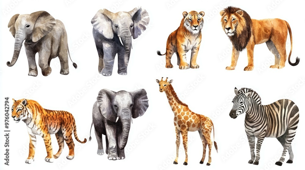 Naklejka premium Watercolor illustrations of eight African animals isolated on white background. The animals include an elephant, a tiger, a lion, a giraffe, and a zebra.
