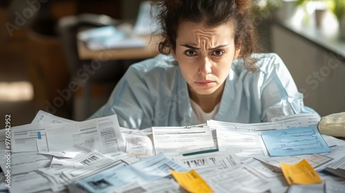 The emotional toll of disease, focusing on a person looking exhausted and distressed, with medical bills and healthcare paperwork spread out in front of them