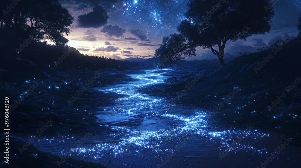 A magical river flows through a dark forest, illuminated by twinkling blue lights. A magical river flows through a dark forest, illuminated by twinkling blue lights.