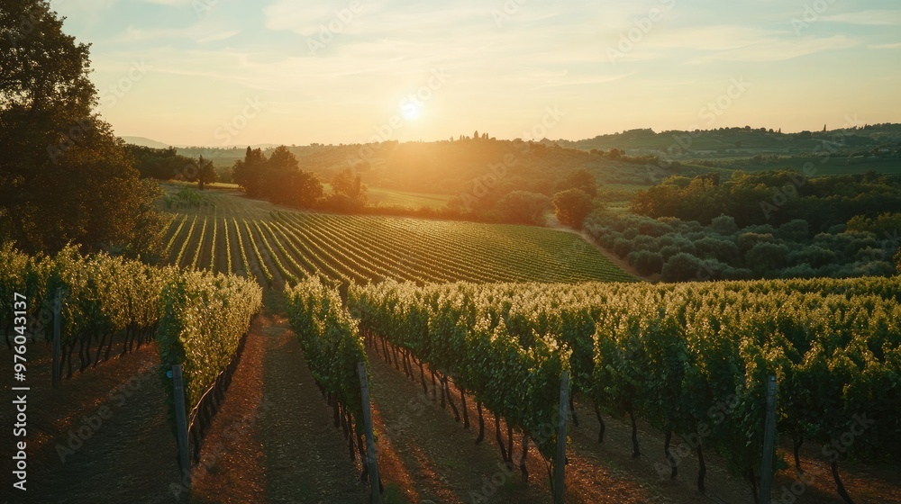 Naklejka premium An aerial view of lush vineyards spread across rolling hills, illuminated by the warm glow of sunset, with scattered houses and distant mountains.