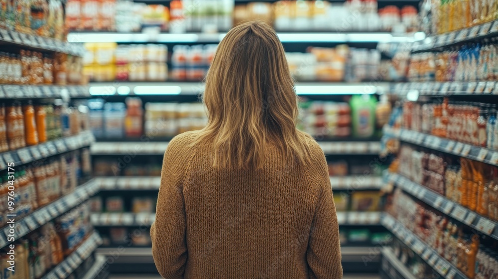 Young woman compares products in a store It shows the behavior of consumers in an informed way. Buy good and useful products thrifty and prudent Young woman compares products in a store It shows the behavior of consumers in an informed way. Buy good and useful products thrifty and prudent