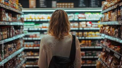 Wallpaper Mural Young woman compares products in a store It shows the behavior of consumers in an informed way. Buy good and useful products thrifty and prudent Torontodigital.ca