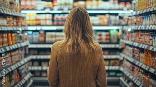 Young woman compares products in a store It shows the behavior of consumers in an informed way. Buy good and useful products thrifty and prudent photo