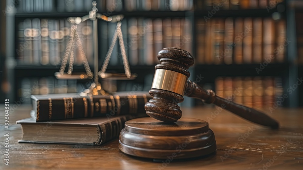 Gavel, Scales of Justice, and Law Books on Wooden Table Gavel, Scales of Justice, and Law Books on Wooden Table