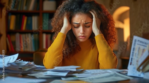 A stressed and worried young woman sits at a table with unpaid bills. Holding his head in his hands Expenses each month photo