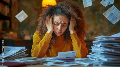 A stressed and worried young woman sits at a table with unpaid bills. Holding his head in his hands Expenses each month photo