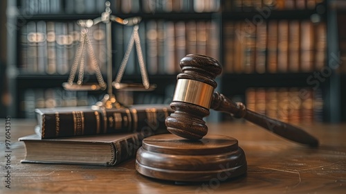 Gavel, Scales of Justice, and Law Books on Wooden Table photo