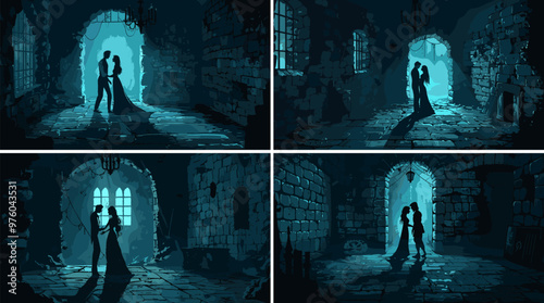 Waltzing ghost spirits cartoon vector scenes. Male female historical shattered walls nighttime ancient interior fortress cellar nobleman women spectral pair eerie chamber game dark romantic concepts
