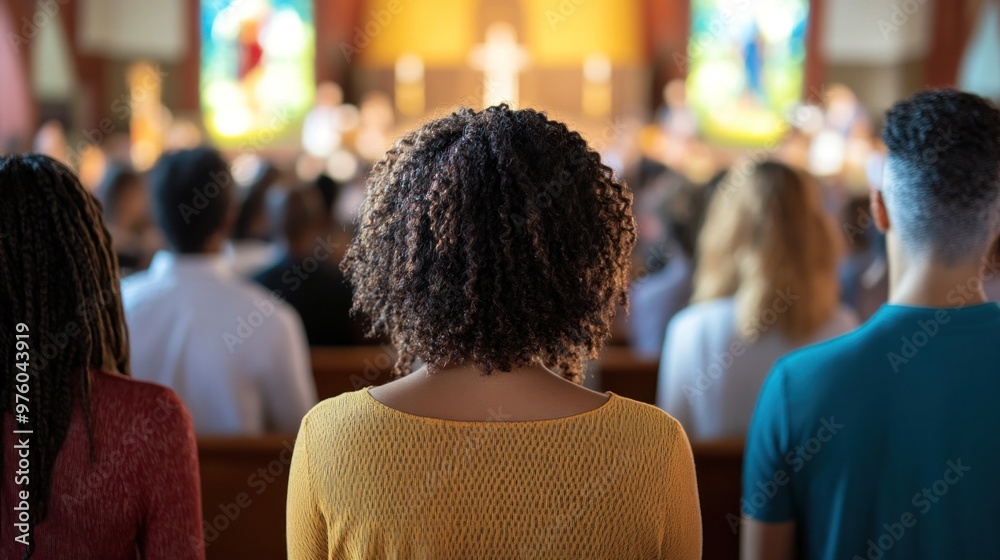 A diverse group of people stand together in worship inside a modern community church.