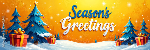 Festive greeting card with the text Season's Greetings prominently displayed at the top, set against a backdrop of snowy trees and presents. photo